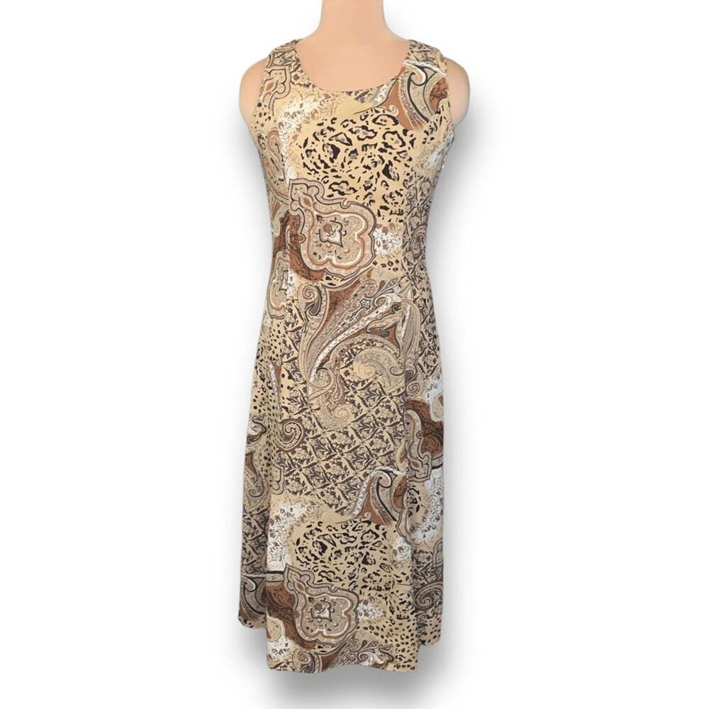 Vintage Dress Brown Leopard Animal Print Paisley Sleeveless Maxi Boho Grunge